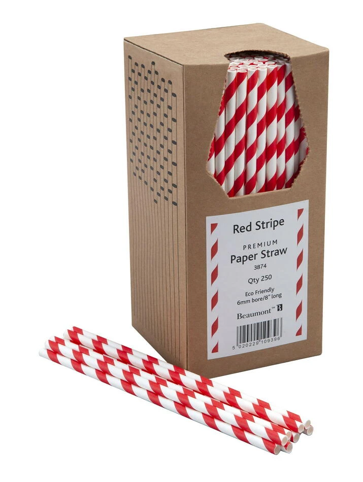 Papirsugerør 20cm 6mm - Rød- og hvitstripet pk. 250 BTBL3874 by Beaumont color Vit