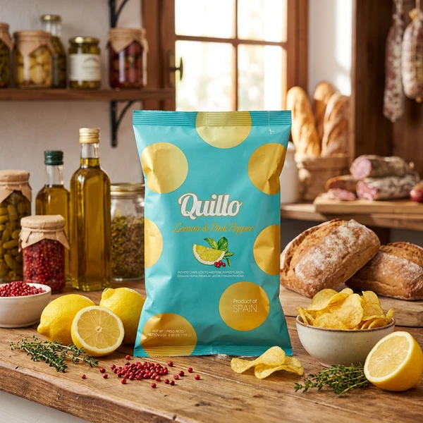 Lemon & Pink Pepper Chips Quillo 45g 1987 by Deli Drengene color Svart