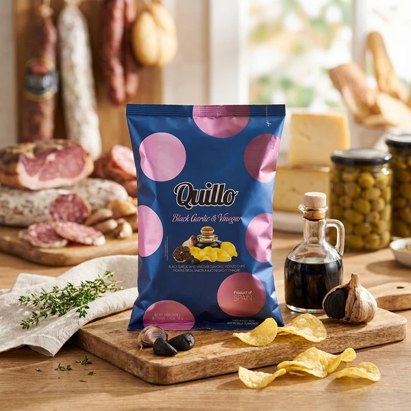 Chips med Eddik og Sort Hvitløk Quillo 45g 1990 by Deli Drengene color Svart