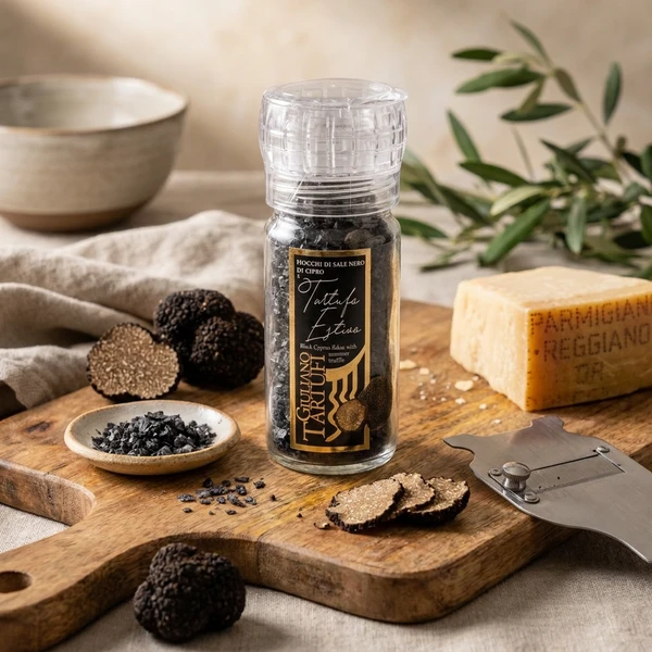 Sort Kværn flagesalt med sommertrøfler skiver 5 % 50g 9014 by Deli Drengene color Svart
