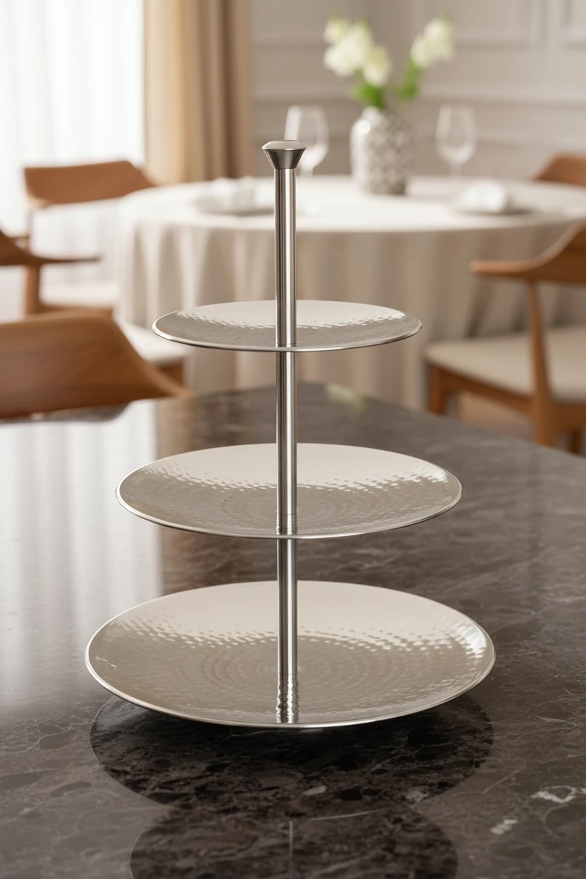 Serveringsfat 3 etasjer hamret rustfritt stål A12441130 by Koop color Silver