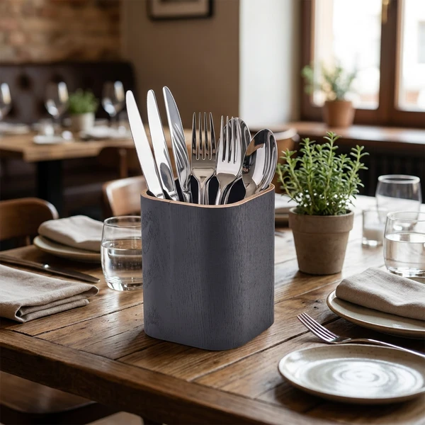 Svart bestikkholder finértre 9 x 9 x 11cm WVCH-9BK by Genware color Svart