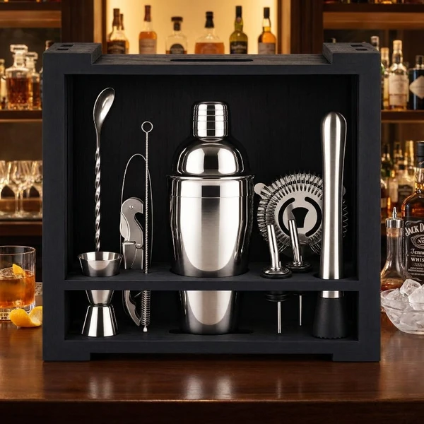 Cocktailsett 11 deler – rustfritt stål i sort gaveeske i tre CG-TJ26B  color Svart