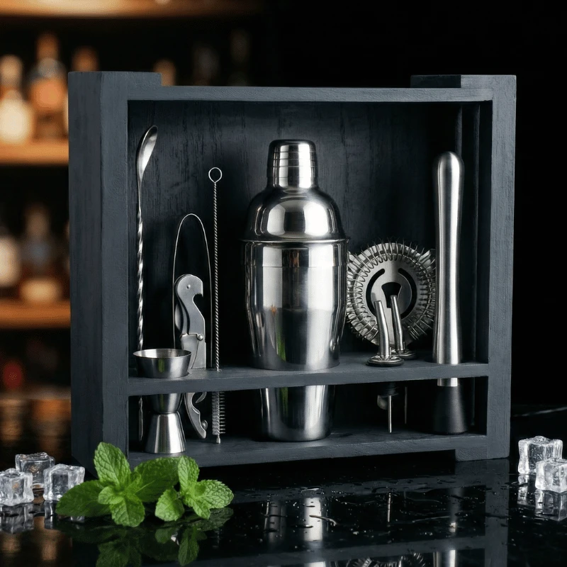 Cocktailsett 11 deler – rustfritt stål i sort gaveeske i tre CG-TJ26B  color Svart