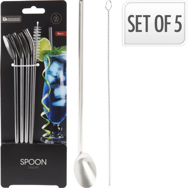 Sugerør med skje i rustfritt stål 5 stk sølv CY5656650  color Svart