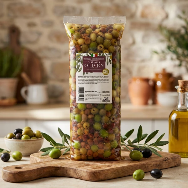 Leccino, Nocellara, Cerignola uten stein 1700g Dreneret 1000g 2123 by Deli Drengene color Svart