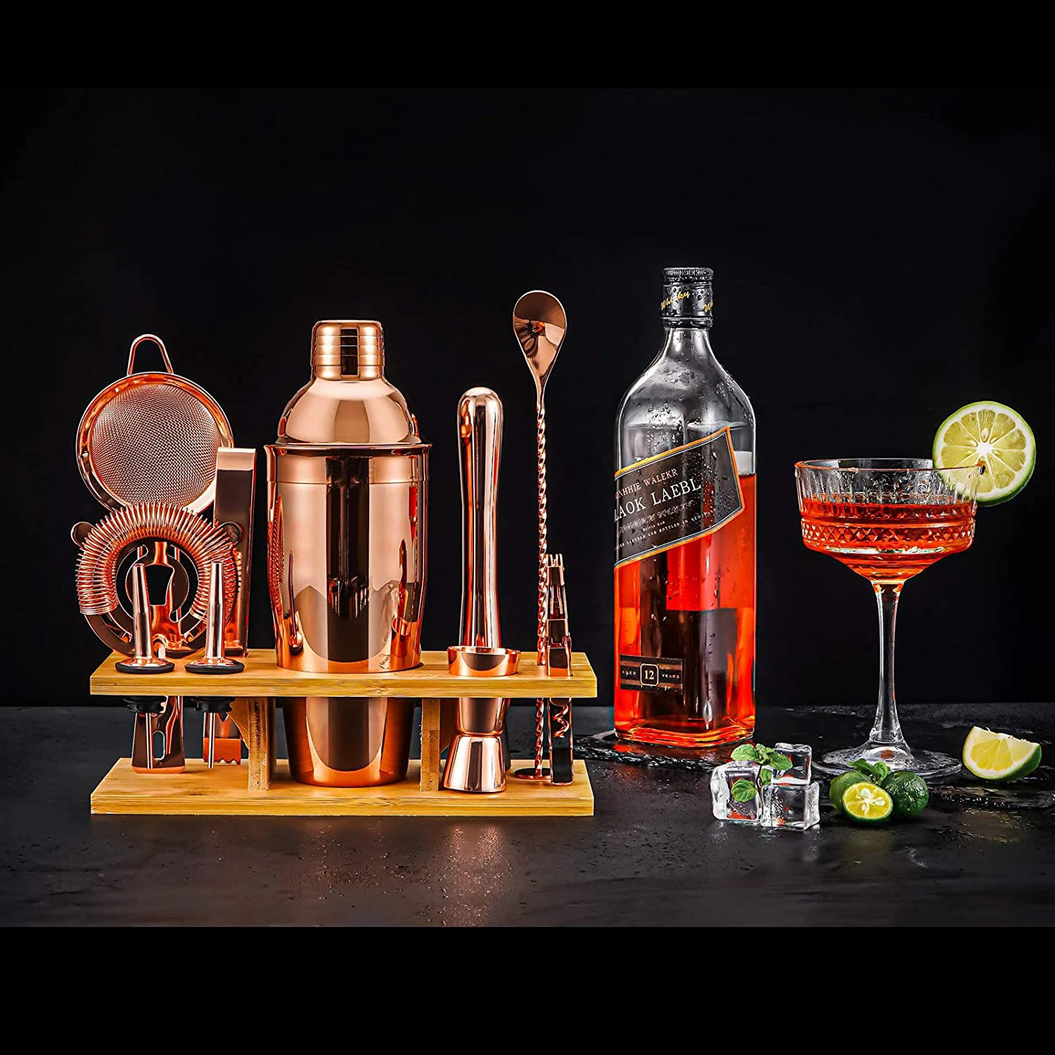Cocktailshakersett med 11 deler med stativ - Kobber CG-TJ17 by Barlife color Svart