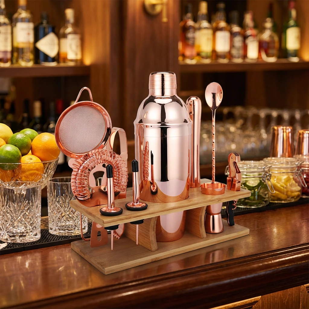 Cocktailshakersett med 11 deler med stativ - Kobber CG-TJ17 by Barlife color Svart
