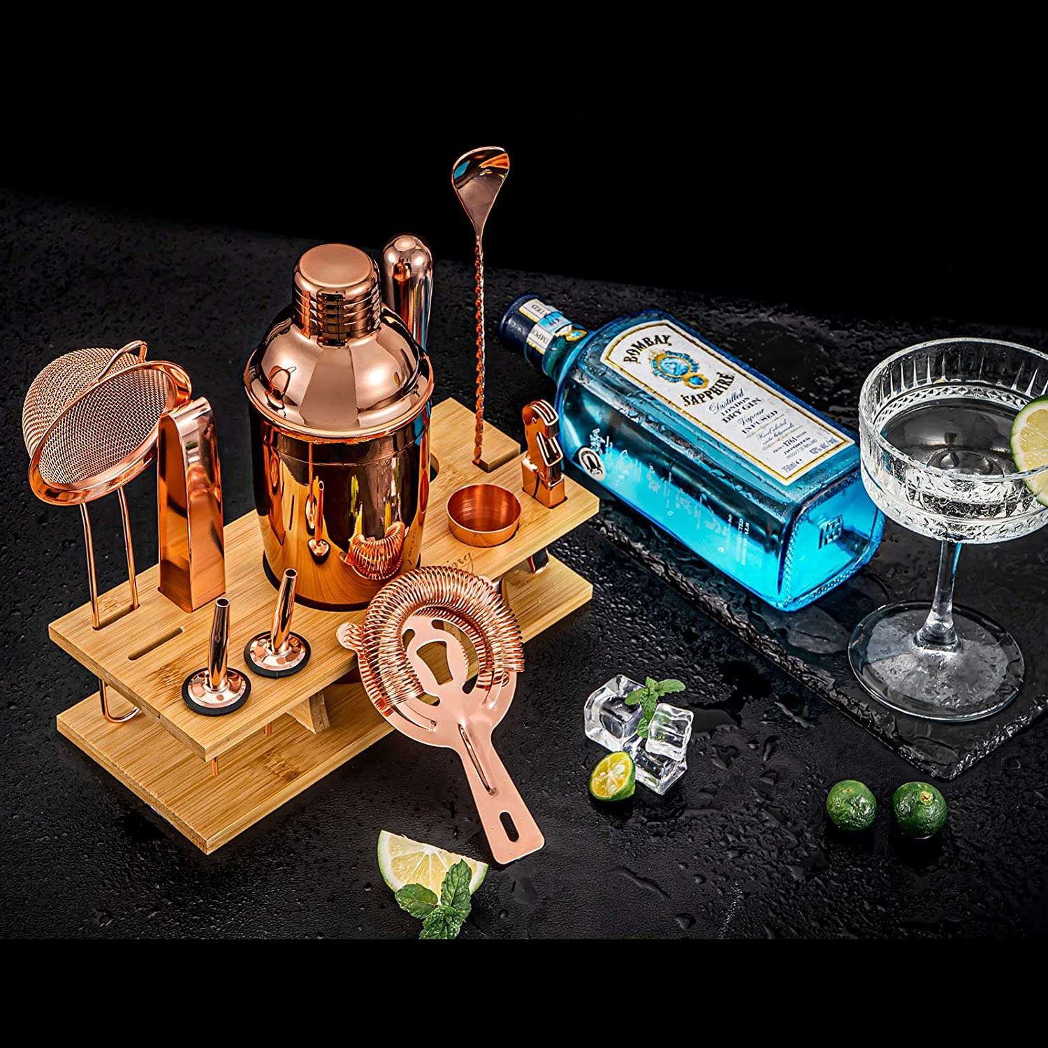 Cocktailshakersett med 11 deler med stativ - Kobber CG-TJ17 by Barlife color Svart