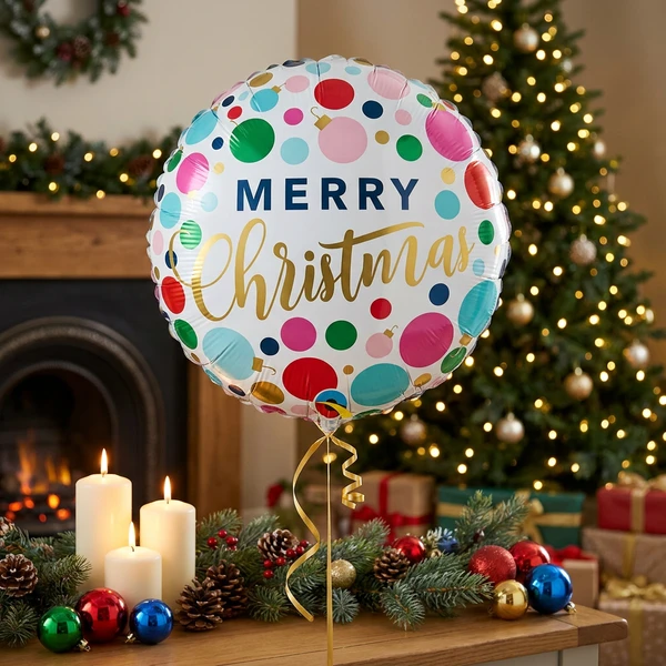 Folieballong 45cm QL RND "Glædelig Jul" (fargede prikker og dekorasjoner) 23318 by Godan color Svart