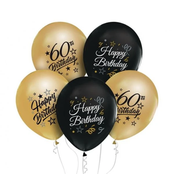 Beauty&amp;Charm ballonger 12" med trykk "60" gull og svart 5 stk. GP-ZC60 by Godan color Svart