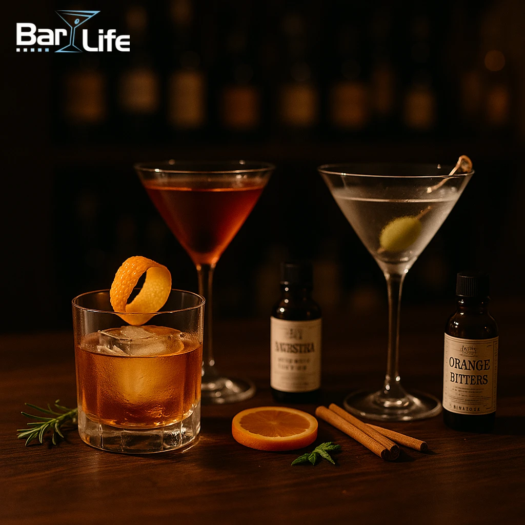  cocktail bitters, bruke bitters, angostura bitters, orange bitters, peychaud’s bitters, sjokoladebitters, oppskrifter med bitters, klassiske cocktails bitters, barutstyr bitters, hjemmebartender tips